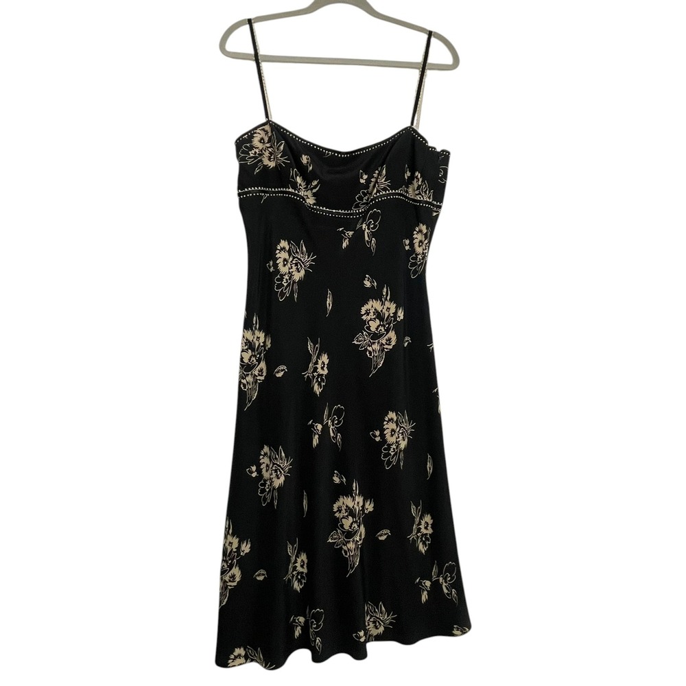 Maggy London 100% Silk Floral Midi Slip Dress‎ Black Cream Size 12